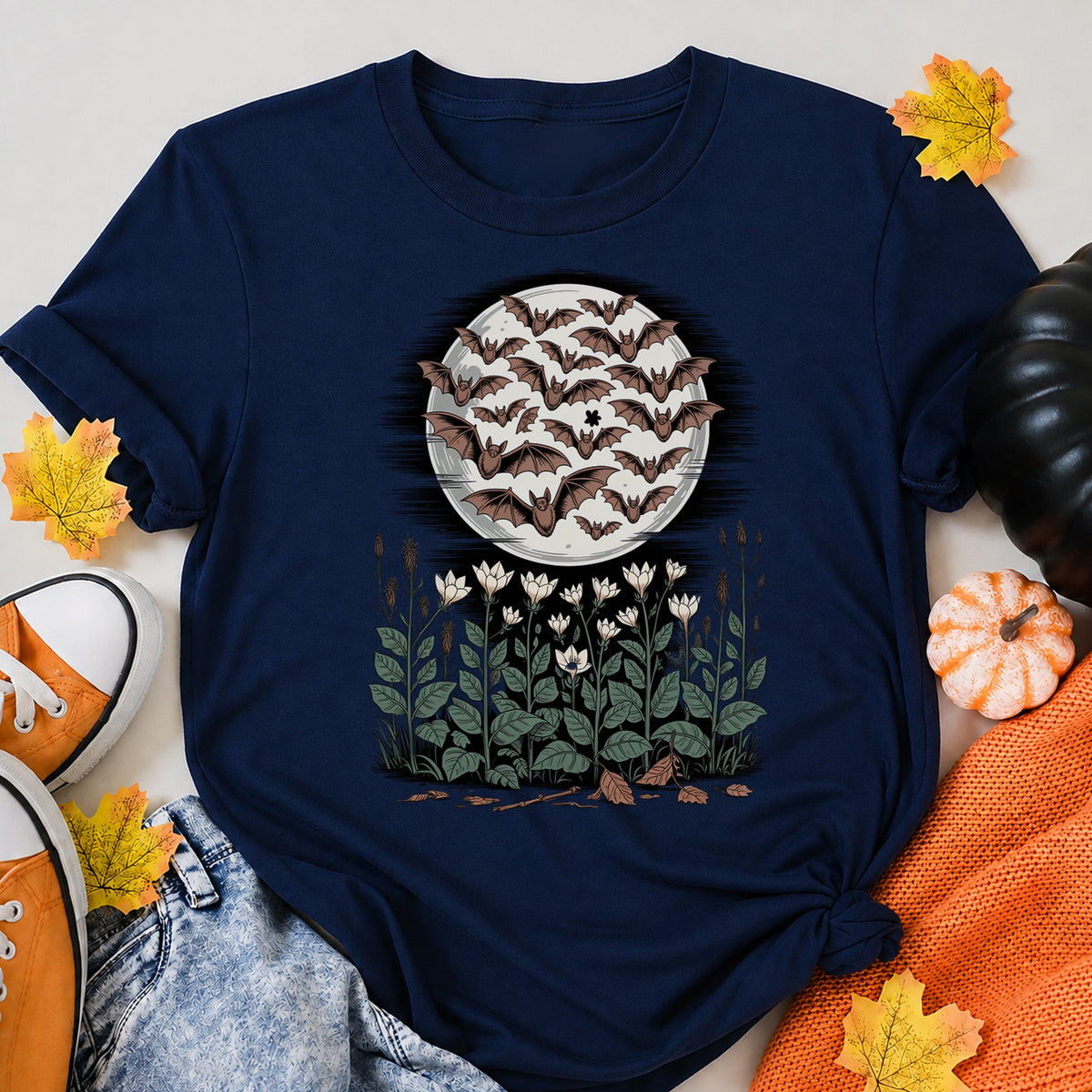 Bat Swarm Moon Woodcut Style Art Halloween Shirt in Navy – alternate view