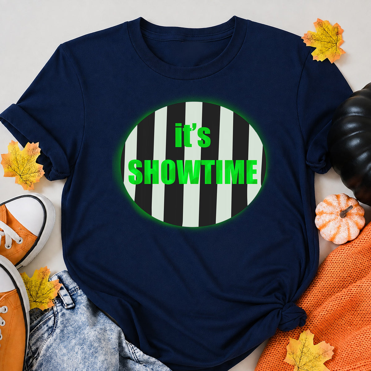 Beetlejuice It'S Showtime Stripes And Green Musical Theatre Halloween Shirt in Navy – alternate view