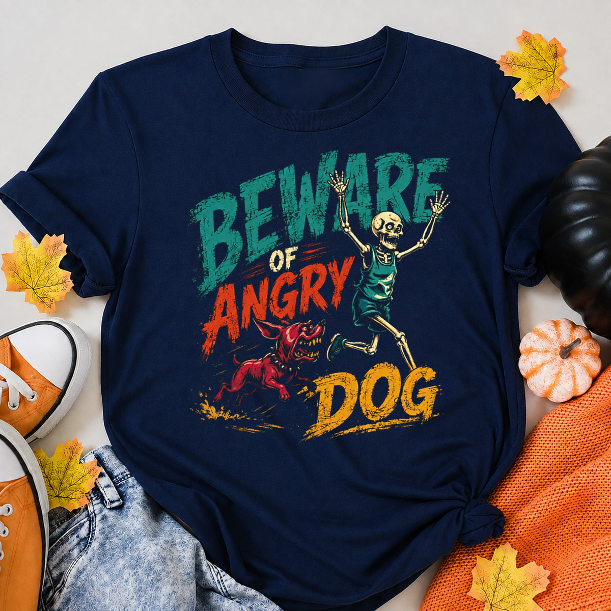 Beware Of Angry Dog Halloween Skeleton Runner Humor Halloween Shirt in Navy – alternate view