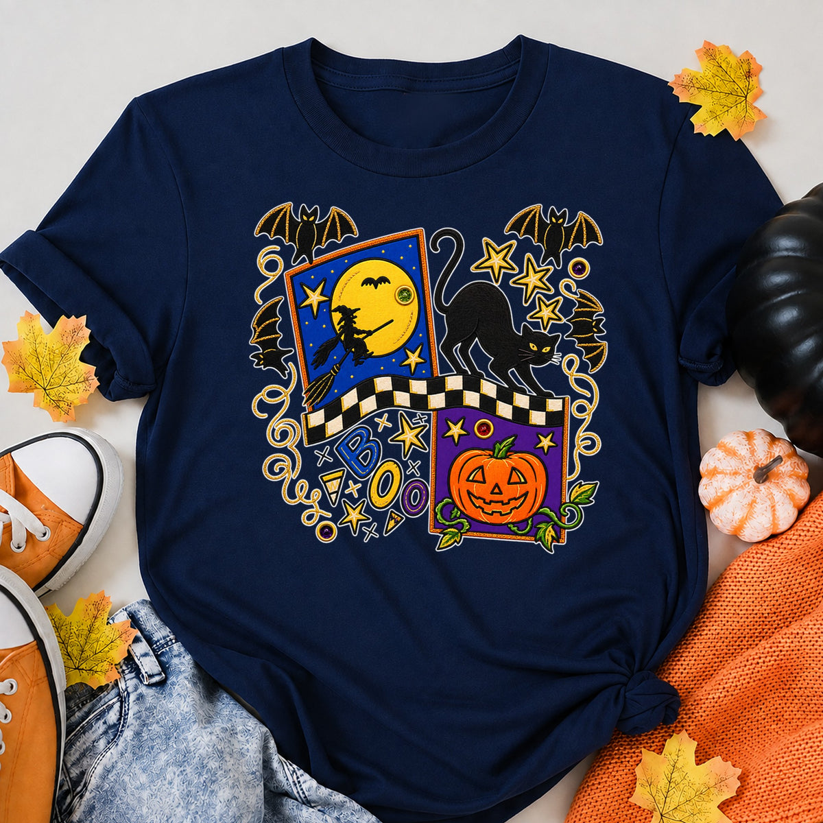 Black Cat Bat Moon Pumpkin Halloween Shirt in Navy – alternate view