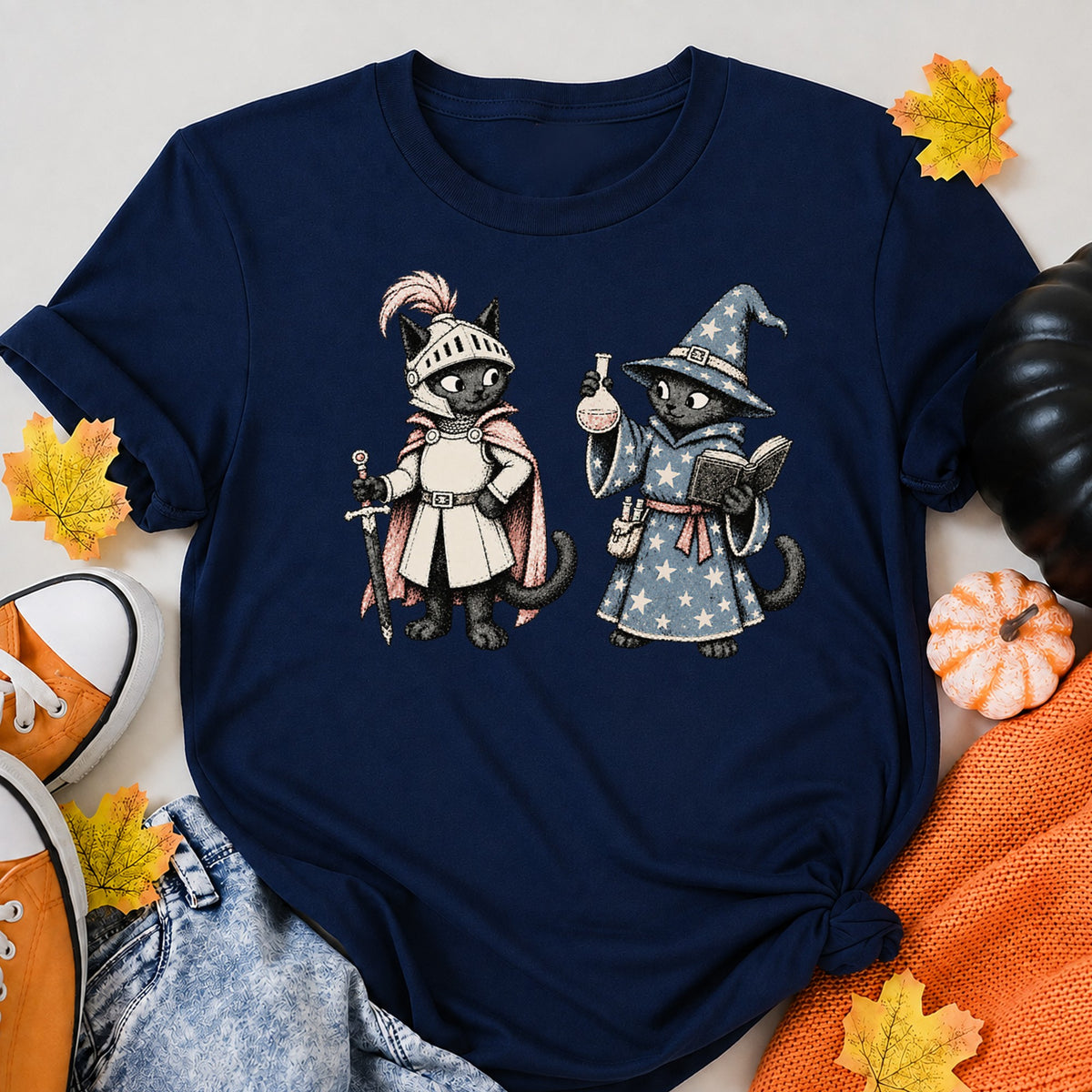 Black Cat Knight And Wizard Vintage Fantasy Halloween Shirt in Navy – alternate view