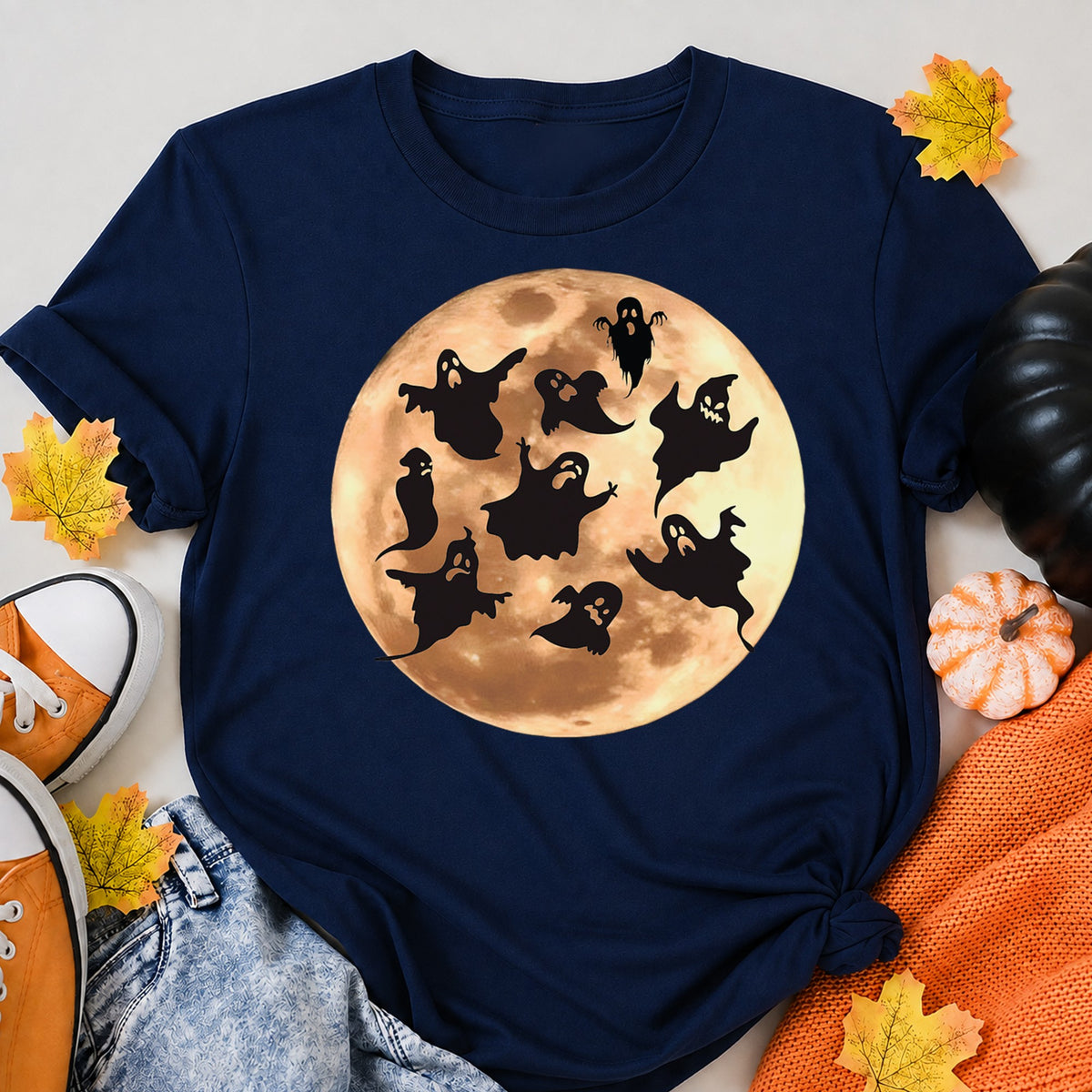 Black Ghosts Against The Full Moon Halloween Shirt in Navy – alternate view