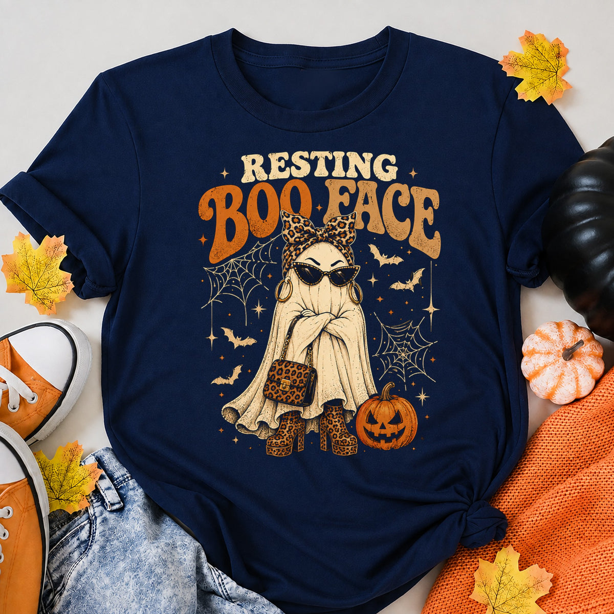 Boo-Jee Stylish Ghost Leopard Print Fashion Halloween Shirt in Navy – alternate view