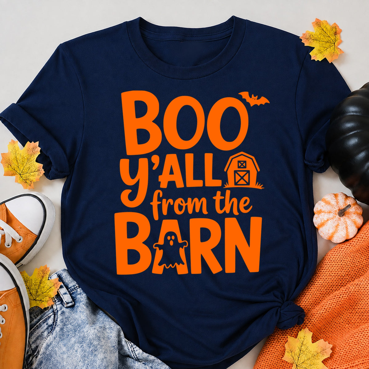 Boo Yall From The Barn Halloween Shirt in Navy – alternate view