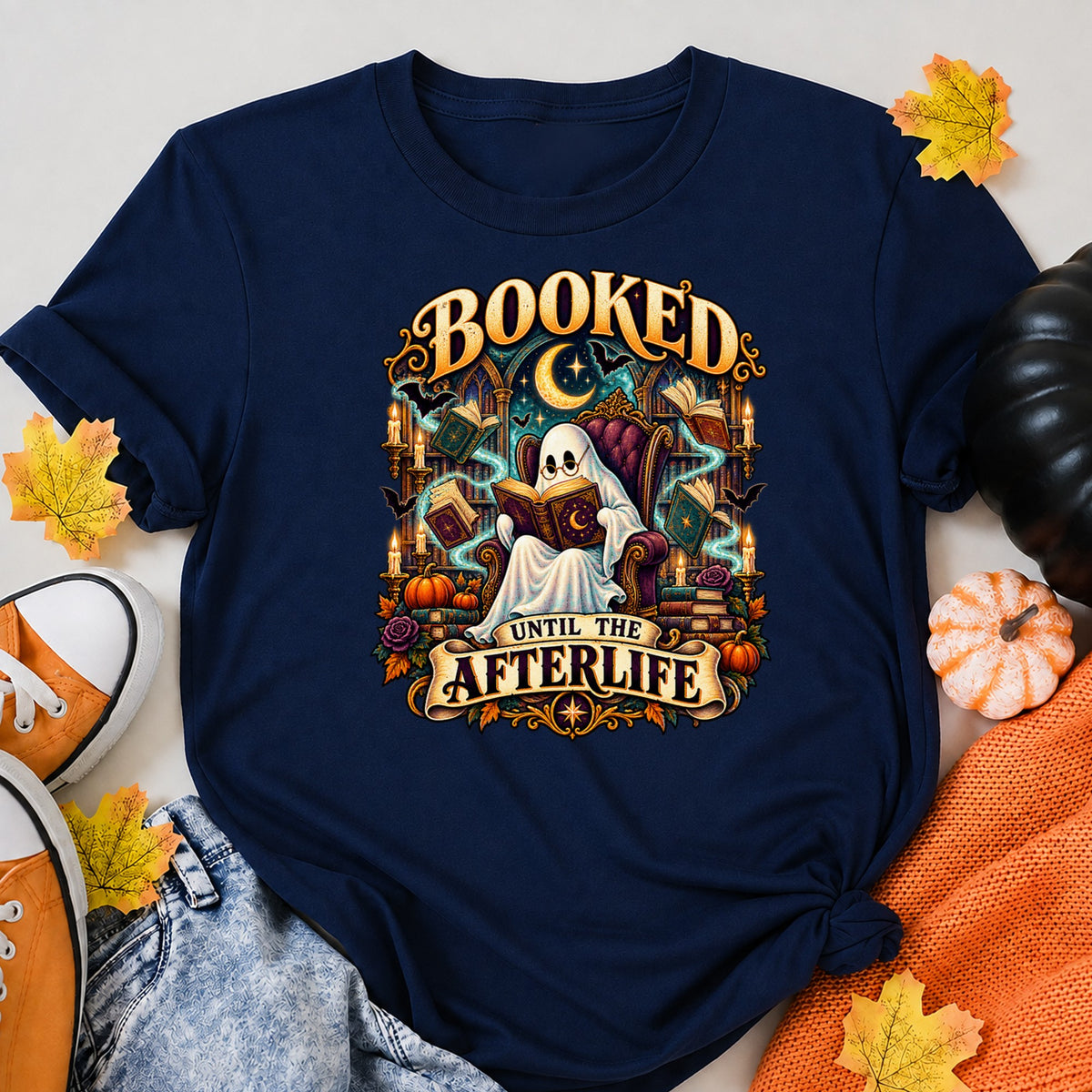 Booked Until The Afterlife Funny Halloween Ghost Book Lover Design Halloween Shirt in Navy – alternate view