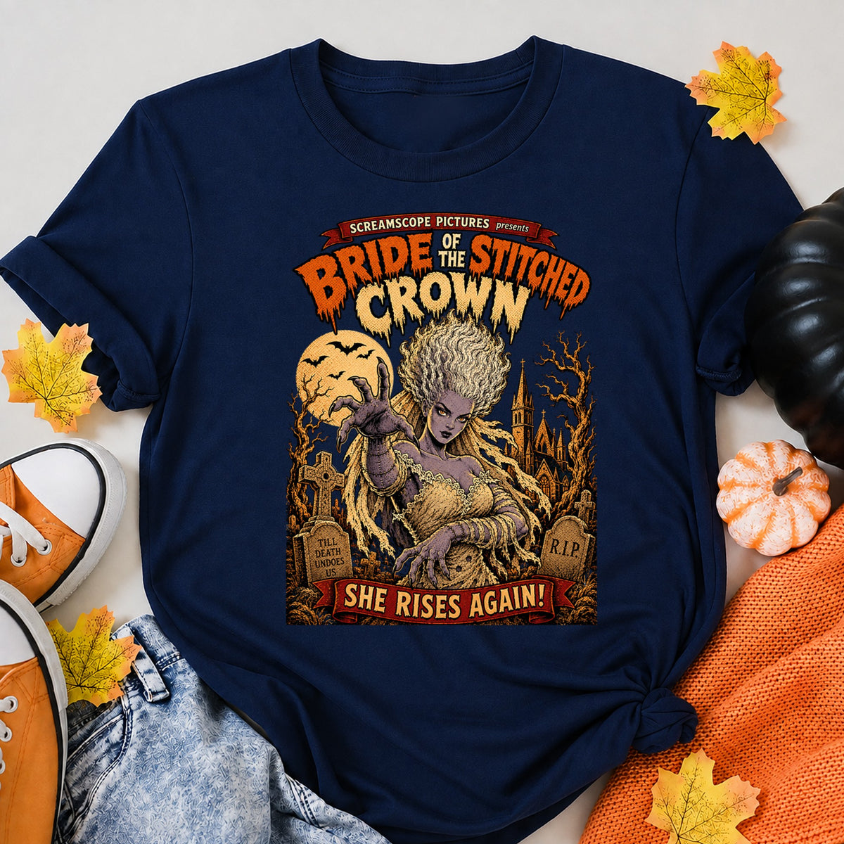 Bride Of The Stitched Crown Gothic Horror Halloween Shirt in Navy – alternate view