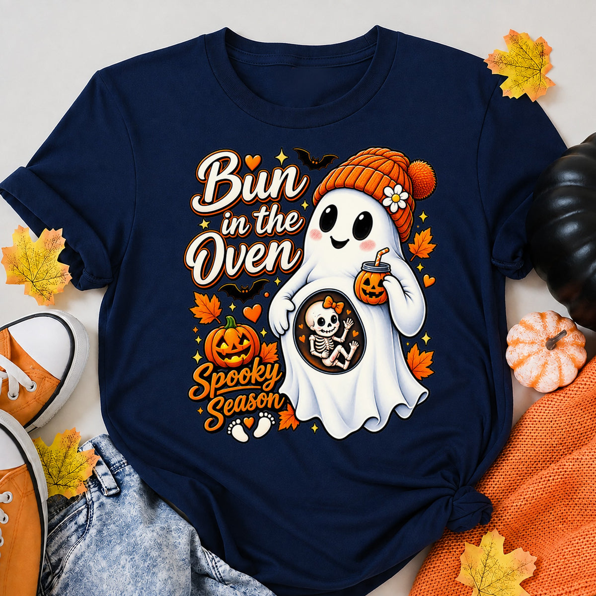 Bun In The Oven -Ghost Pregnancy Halloween Funny Halloween Vintage Retro Cute Spooky Halloween Shirt in Navy – alternate view