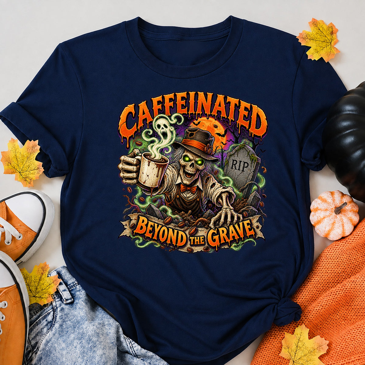 Caffeinated Beyond The Grave Funny Skeleton Coffee Halloween Design Halloween Shirt in Navy – alternate view