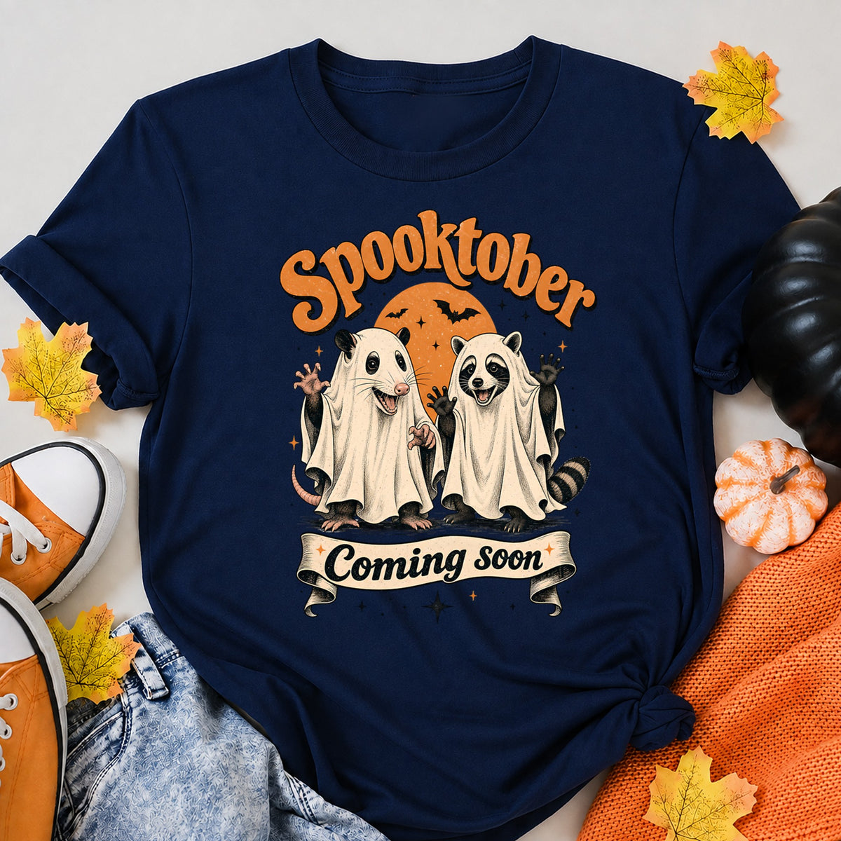 Celebrating Spooktober With Raccoon And Opossum Halloween Shirt in Navy – alternate view