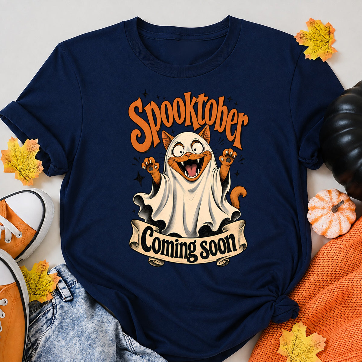 Celebrating Spooktober With Spooky Cat - Coming Soon Halloween Shirt in Navy – alternate view