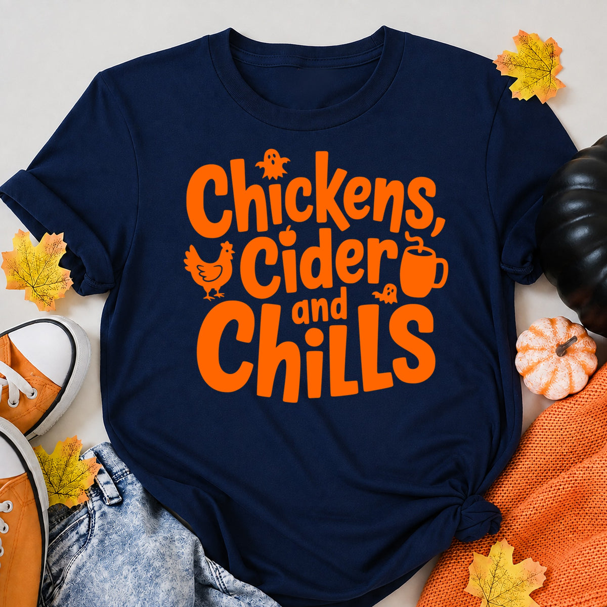 Chickens Cider And Chills Halloween Shirt in Navy – alternate view