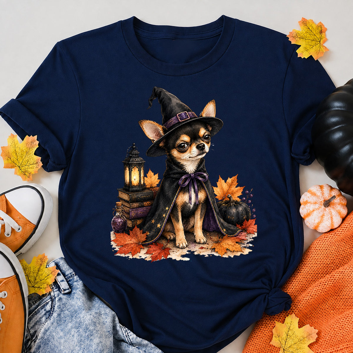 Chihuahua Witch Cape Halloween Shirt in Navy – alternate view