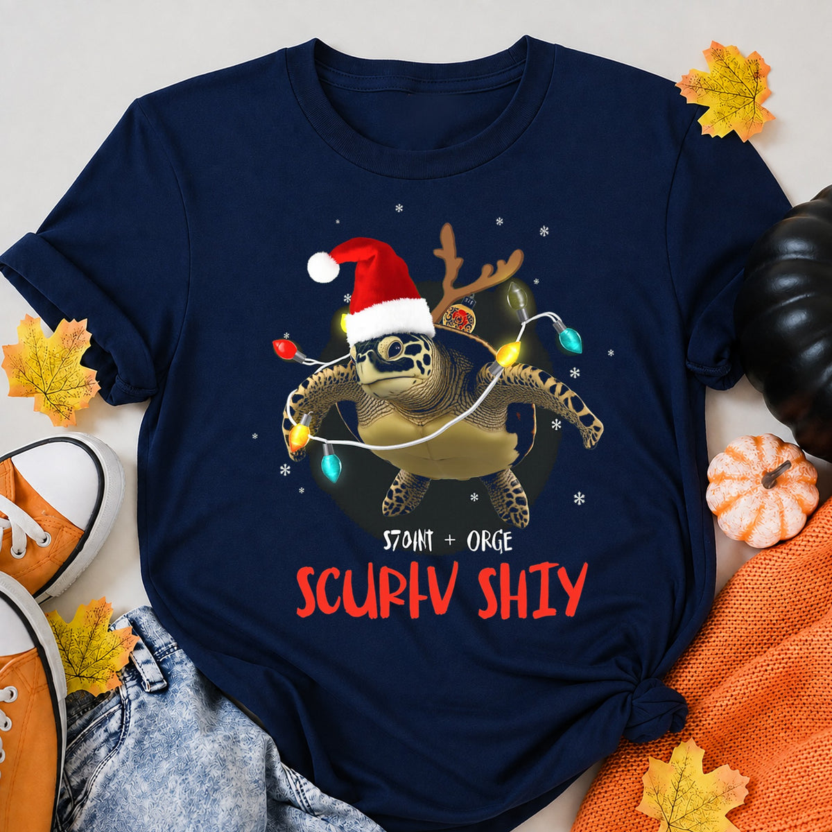 Christmas Sea Turtle Santa Reindeer Lights Snow T-Shirt - product view 8