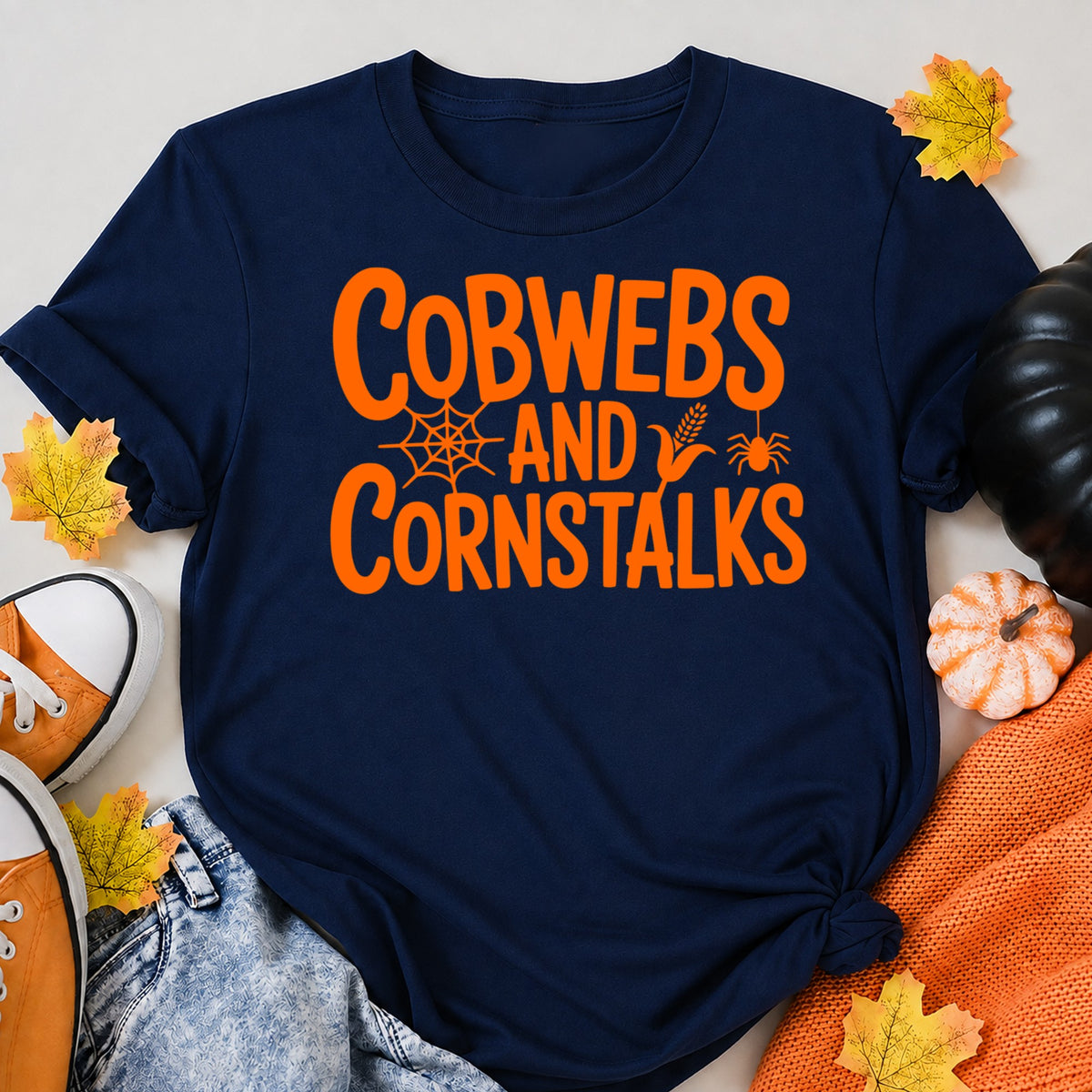 Cobwebs And Cornstalks Halloween Shirt in Navy – alternate view