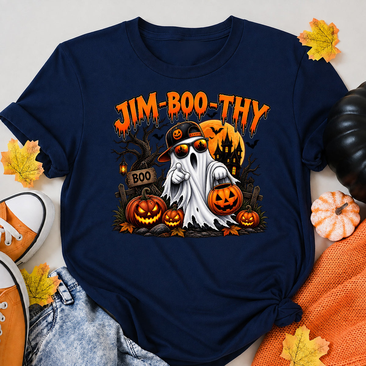 Cool Ghost Pumpkin Halloween Shirt in Navy – alternate view
