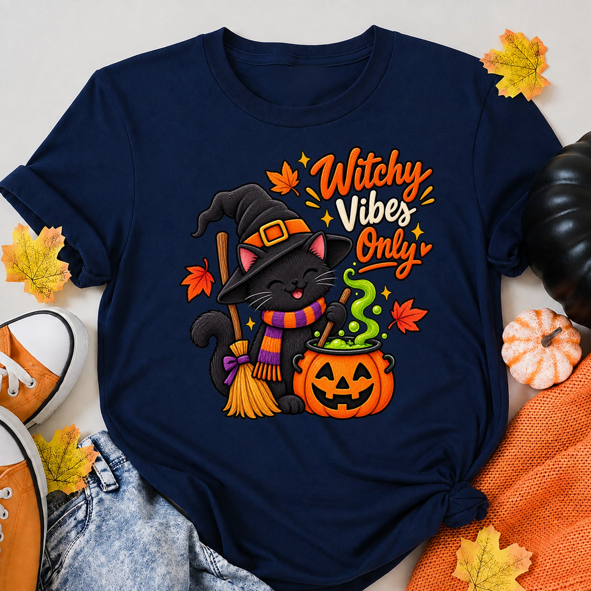 Cozy Little Witch Cute Black Cat Halloween Shirt in Navy – alternate view
