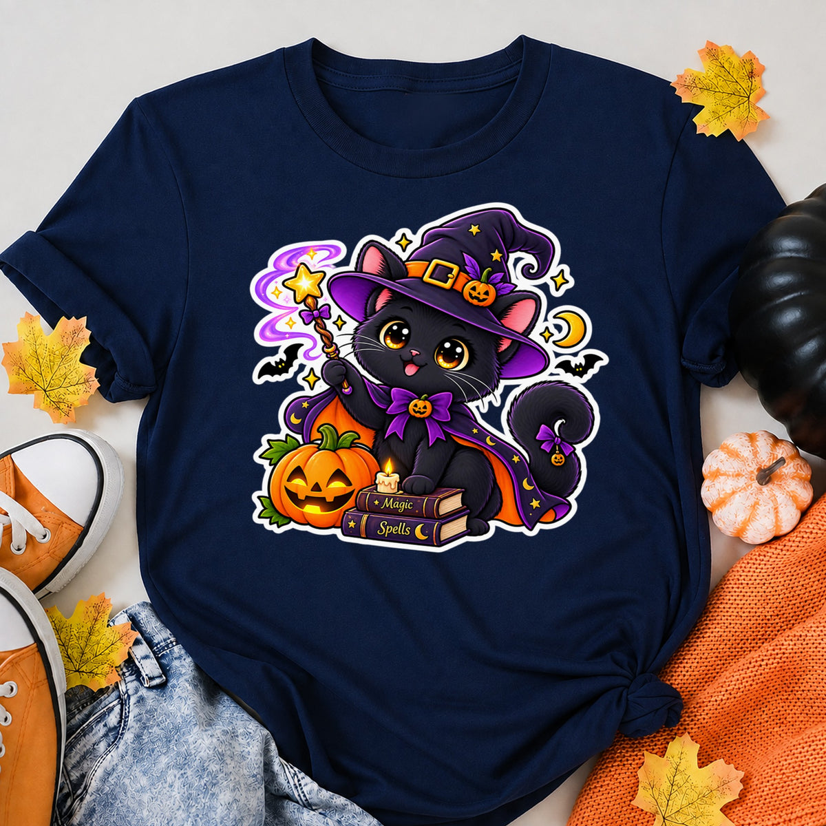Cute Black Cat Witch Halloween Magic Halloween Shirt in Navy – alternate view