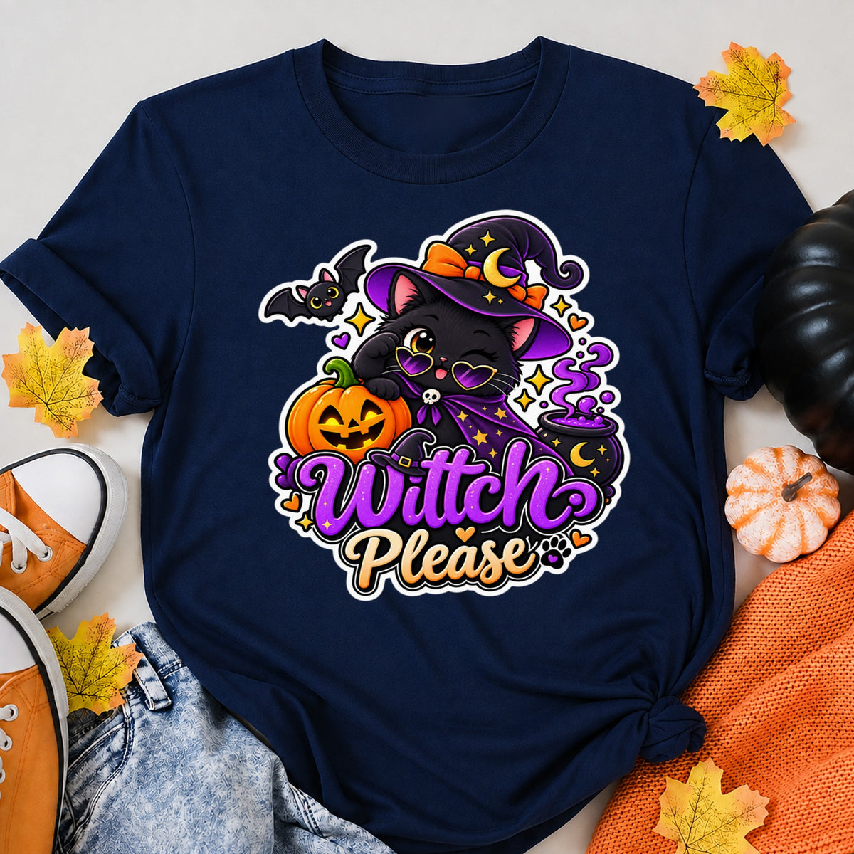 Cute Black Cat Witch Halloween Witch Please Halloween Shirt in Navy – alternate view