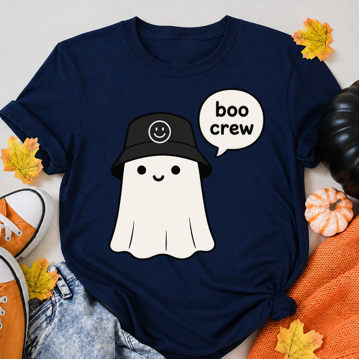 Cute Boo Crew Ghost Bucket Hat Smiley Halloween Shirt in Navy – alternate view