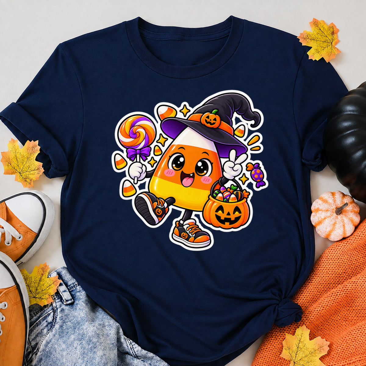 Cute Candy Corn Halloween Witch Halloween Shirt in Navy – alternate view