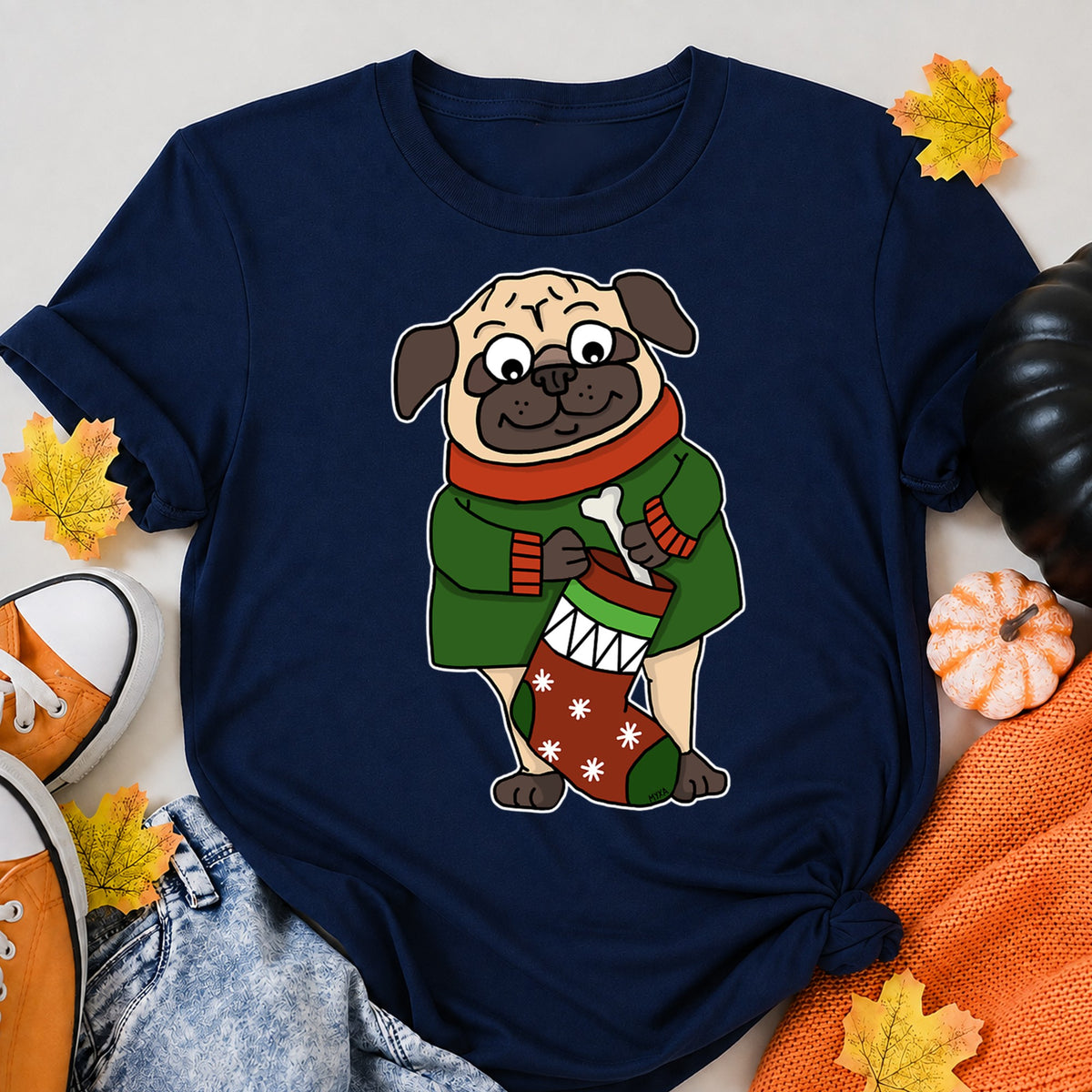 Cute Christmas Pug Sticker T-Shirt - product view 8