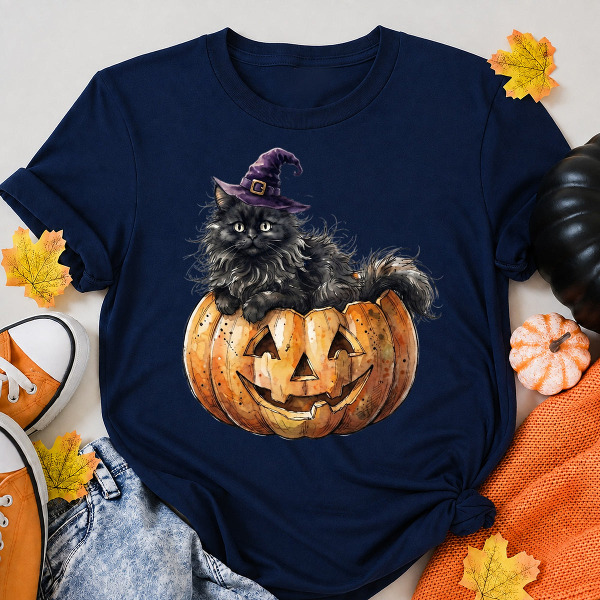 Cute Fluffy Black Cat Witch Inside Jack O Lantern Pumpkin Halloween Shirt in Navy – alternate view