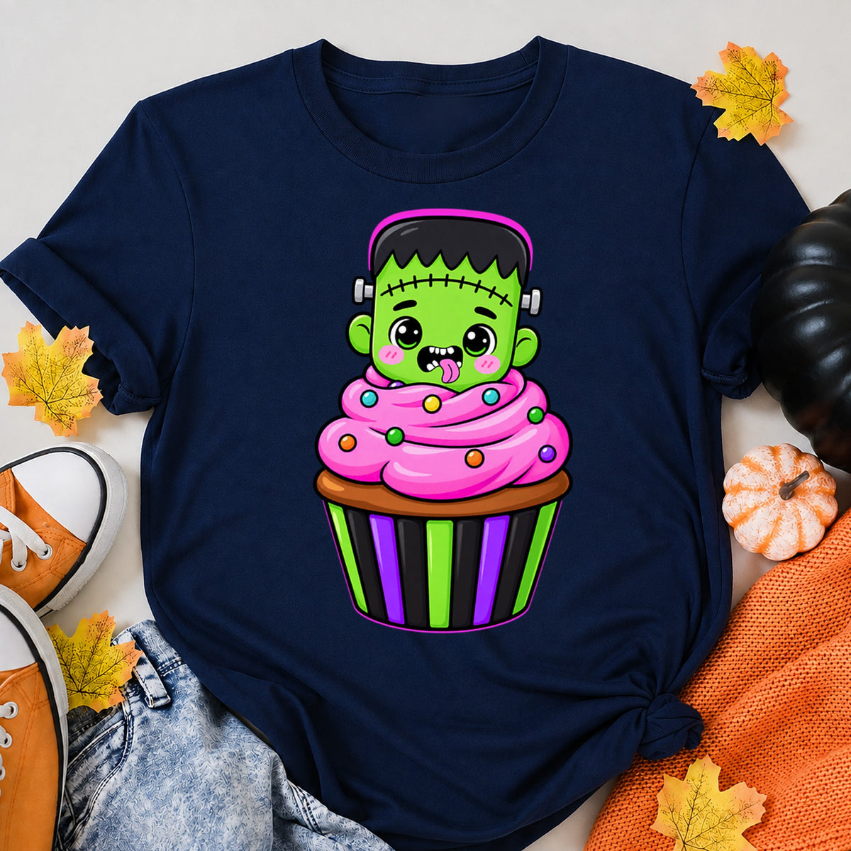Cute Frankenstein Cupcake Halloween Shirt in Navy – alternate view