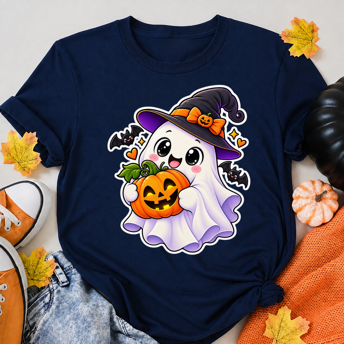 Cute Ghost Holding Pumpkin Halloween Shirt in Navy – alternate view