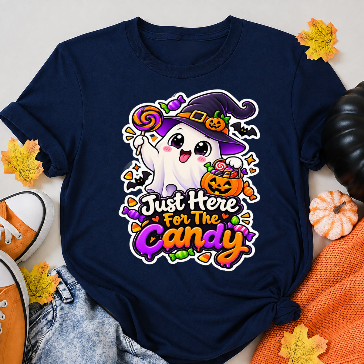 Cute Halloween Ghost Just Here For The Candy Halloween Shirt in Navy – alternate view