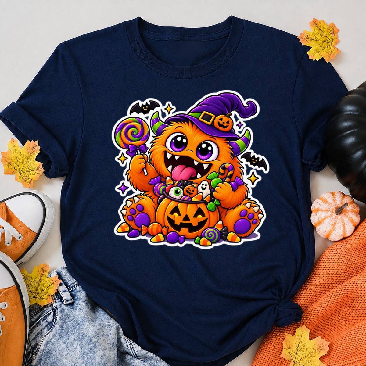 Cute Halloween Monster Pumpkin Candy Halloween Shirt in Navy – alternate view