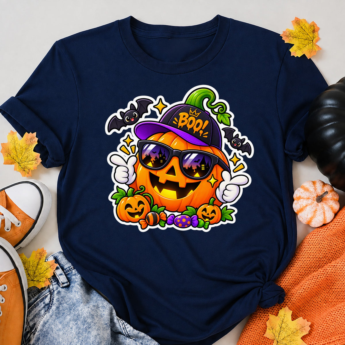 Cute Halloween Pumpkin Boo Sunglasses Halloween Shirt in Navy – alternate view