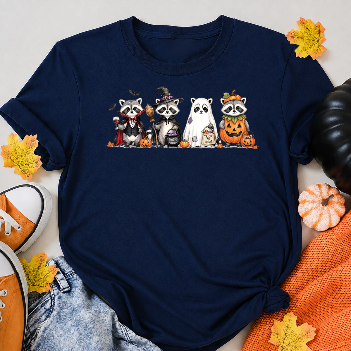 Cute Halloween Raccoons Trick Or Treat Costumes Halloween Shirt in Navy – alternate view