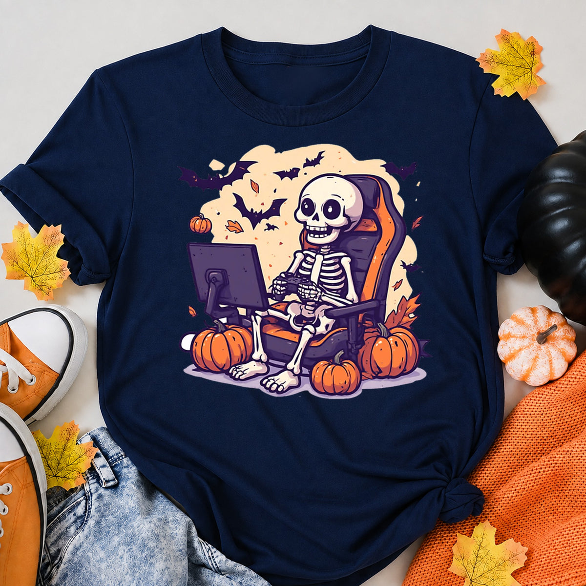 Cute Halloween Skeleton Gamer Gaming Controller Halloween Shirt in Navy – alternate view