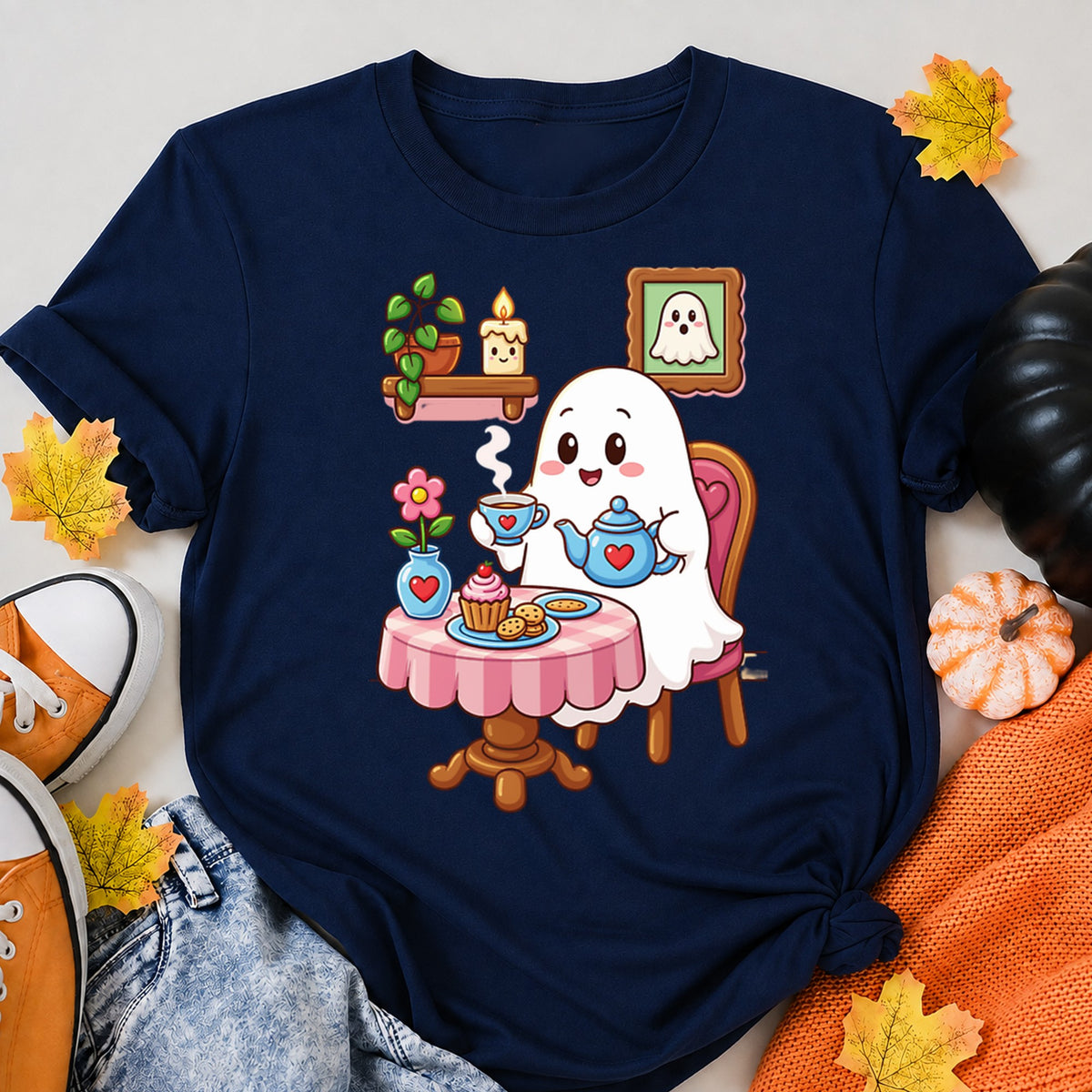 Cute Little Ghost Having Afternoon Tea Time Halloween Shirt in Navy – alternate view