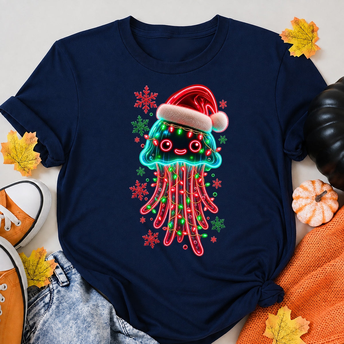 Cute Neon Christmas Jellyfish With Santa Hat T-Shirt - product view 8