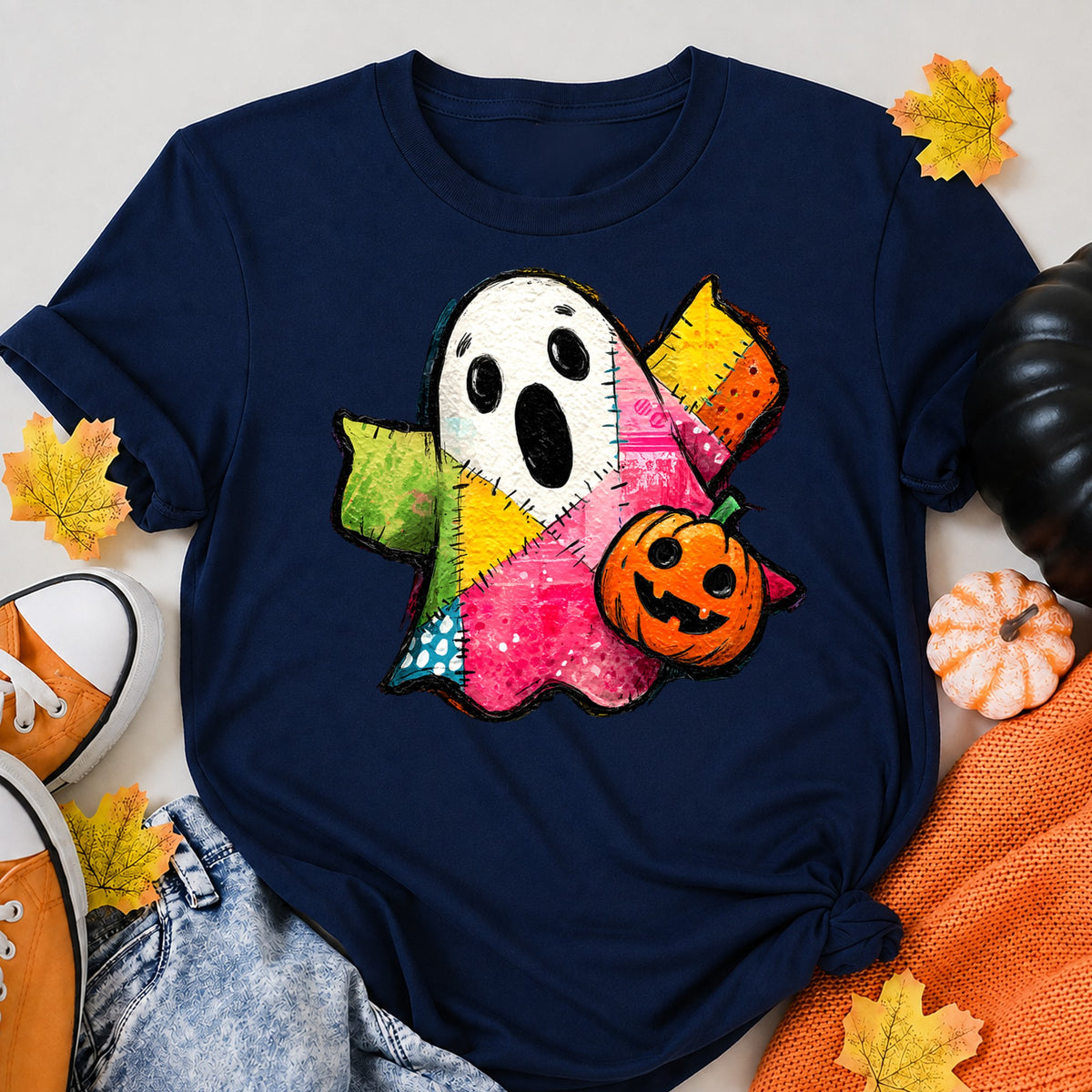 Cute Patchwork Ghost With Halloween Pumpkin Art Halloween Shirt in Navy – alternate view