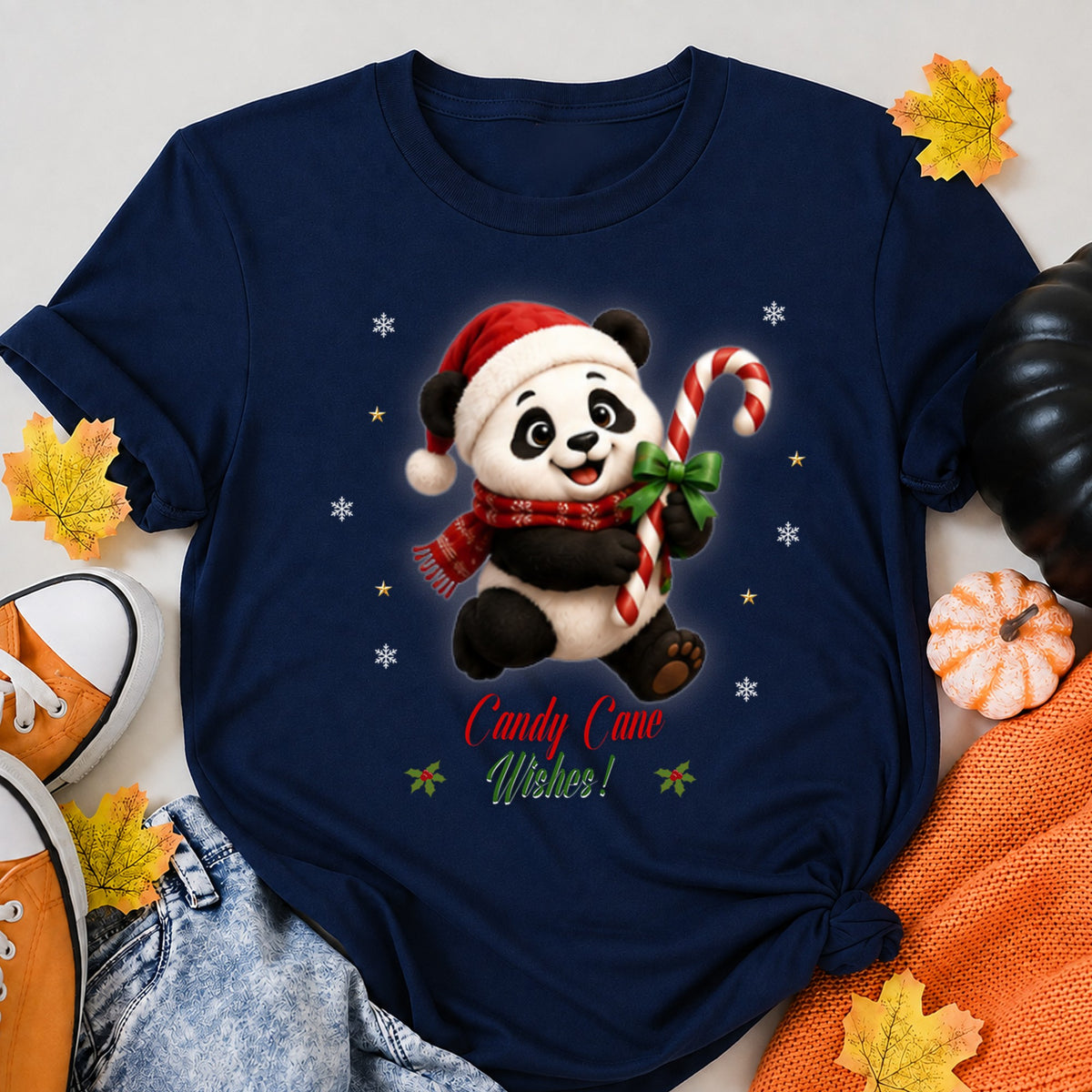 Cute Santa Panda Candy Cane Wishes Christmas T-Shirt - product view 8