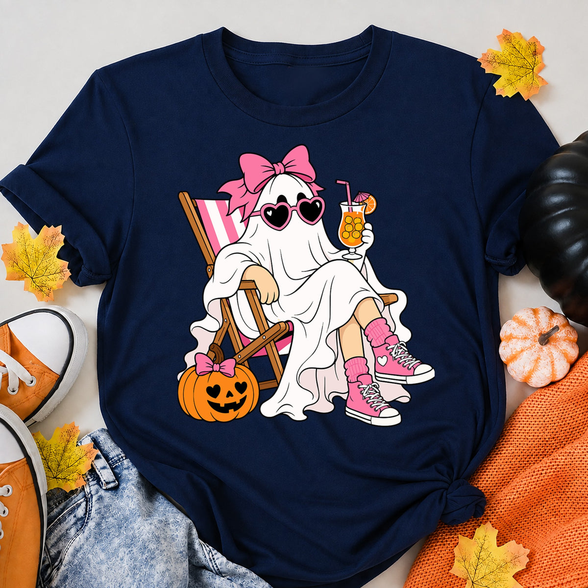 Cute Summerween Ghost Beach Cocktail Halloween Shirt in Navy – alternate view