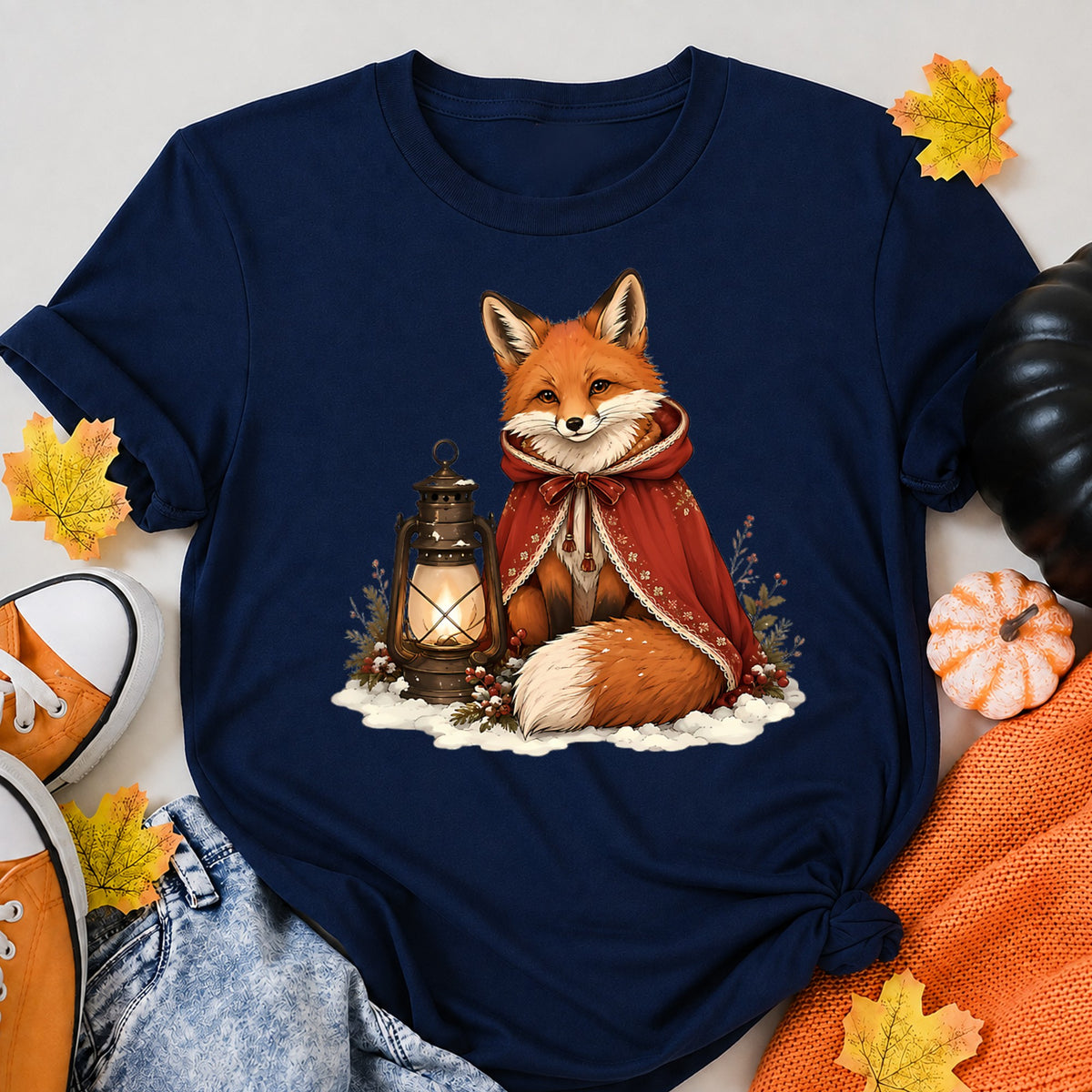 Cute Winter Fox With Lantern And Red Cloak Illustration Christmas T-Shirt - product view 8