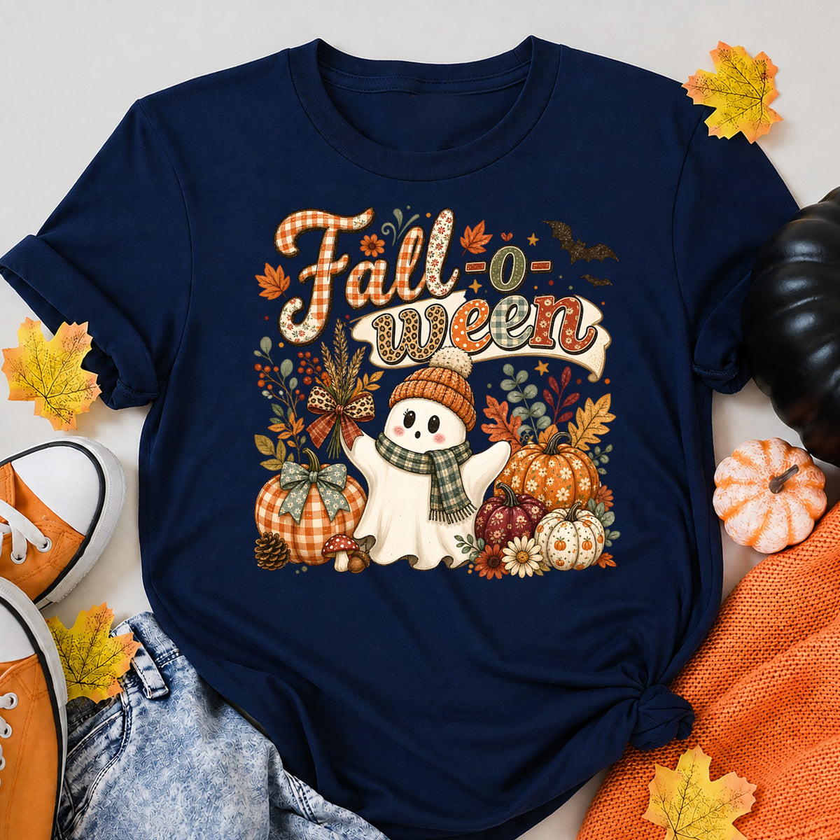 Fall O Ween Cute Ghost Halloween Shirt in Navy – alternate view