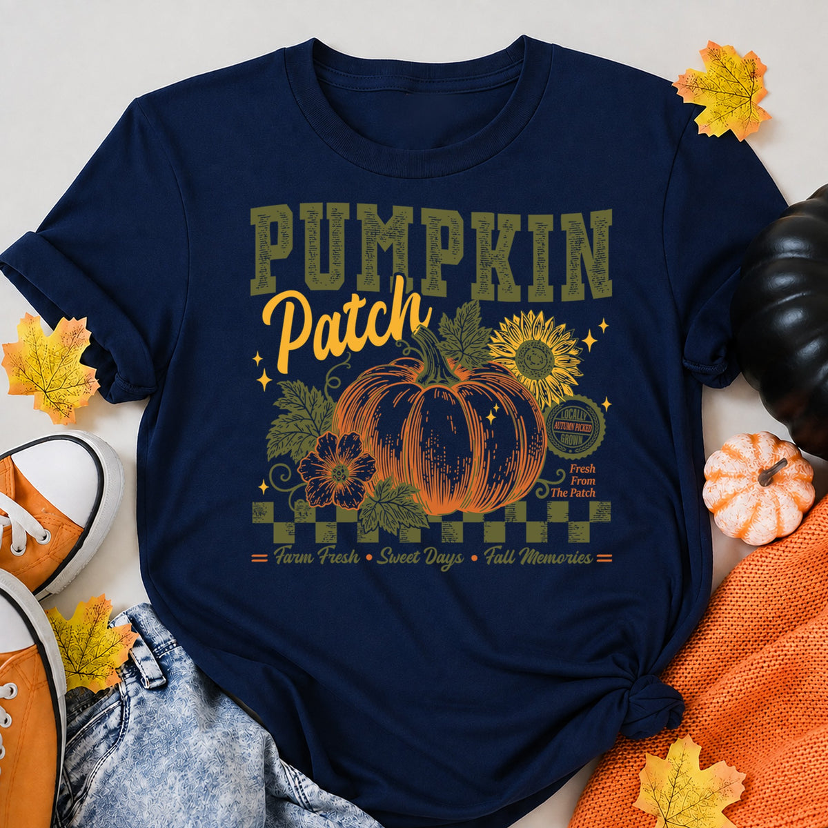 Farm Fresh Pumpkin Patch Sunflower Fall Memories Halloween Shirt in Navy – alternate view