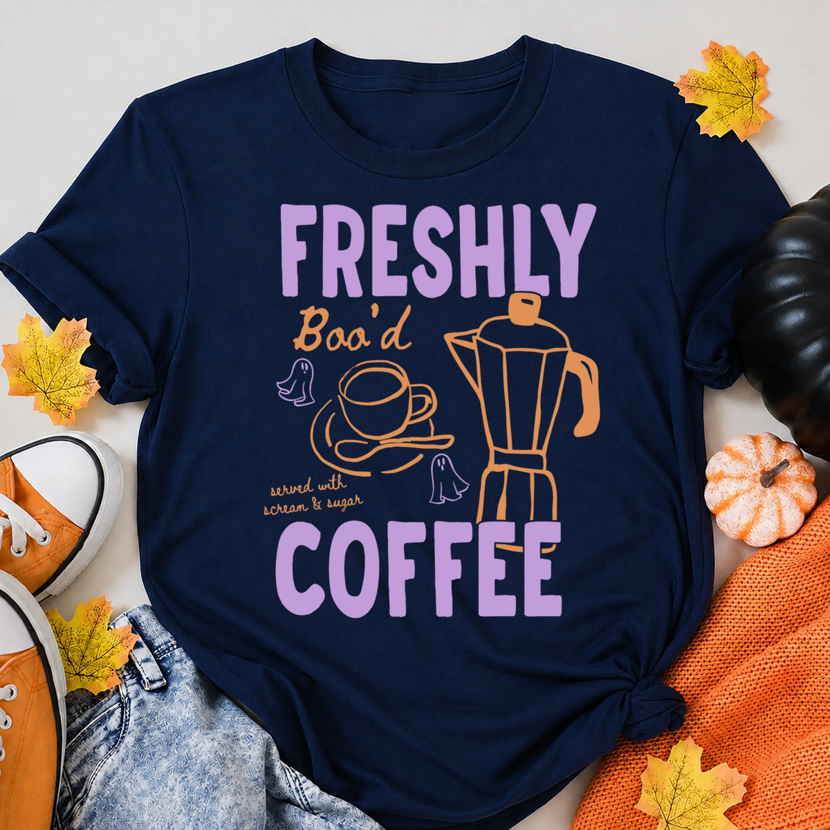 Freshly Boo'D Coffee Halloween Shirt in Navy – alternate view
