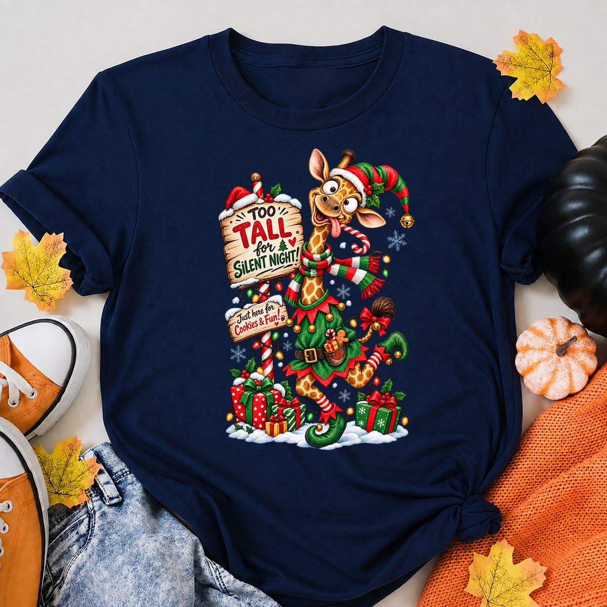 Funny Christmas Giraffe Elf Too Tall For Silent Night T-Shirt - product view 8