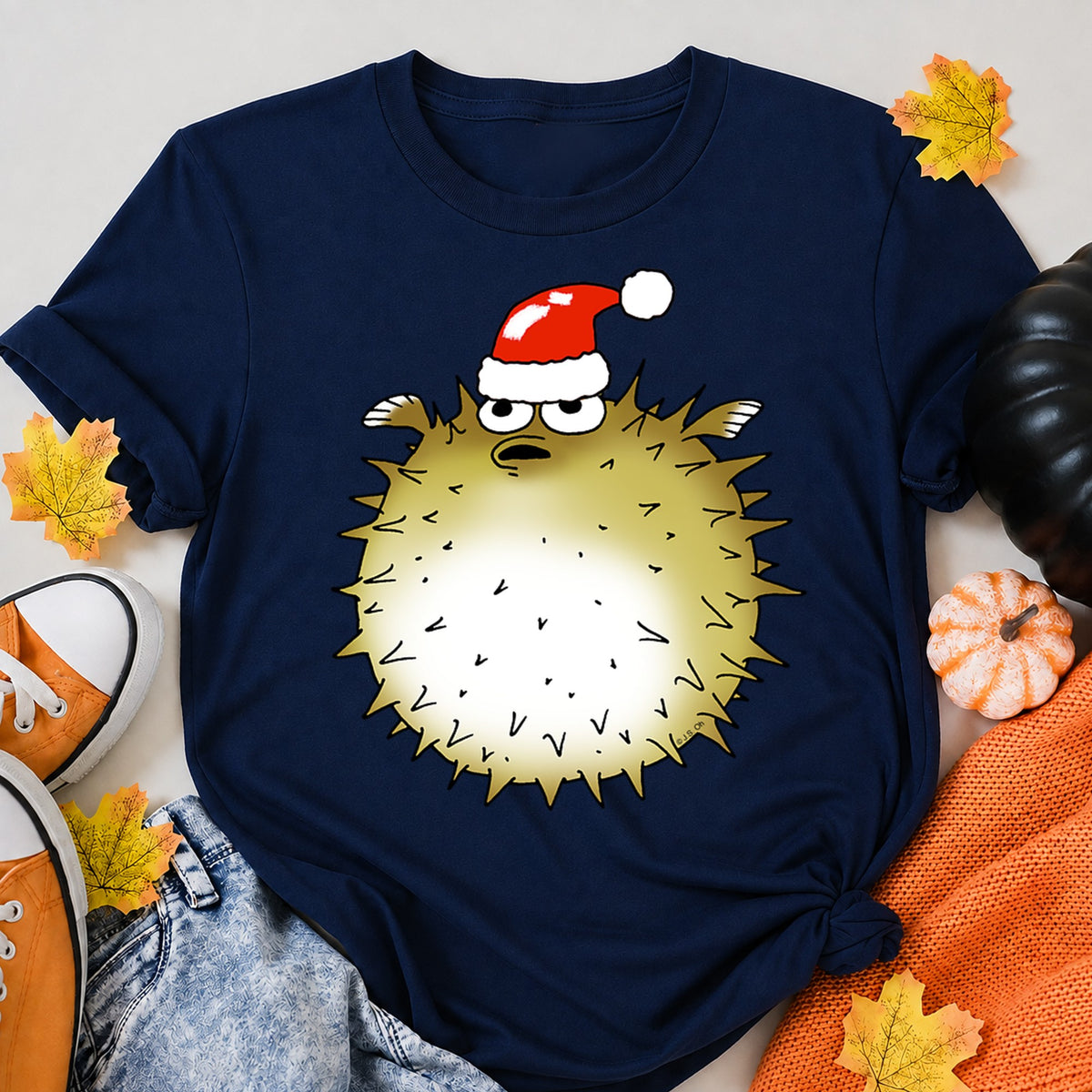 Funny Puffer Fish Santa Hat Christmas T-Shirt - product view 8