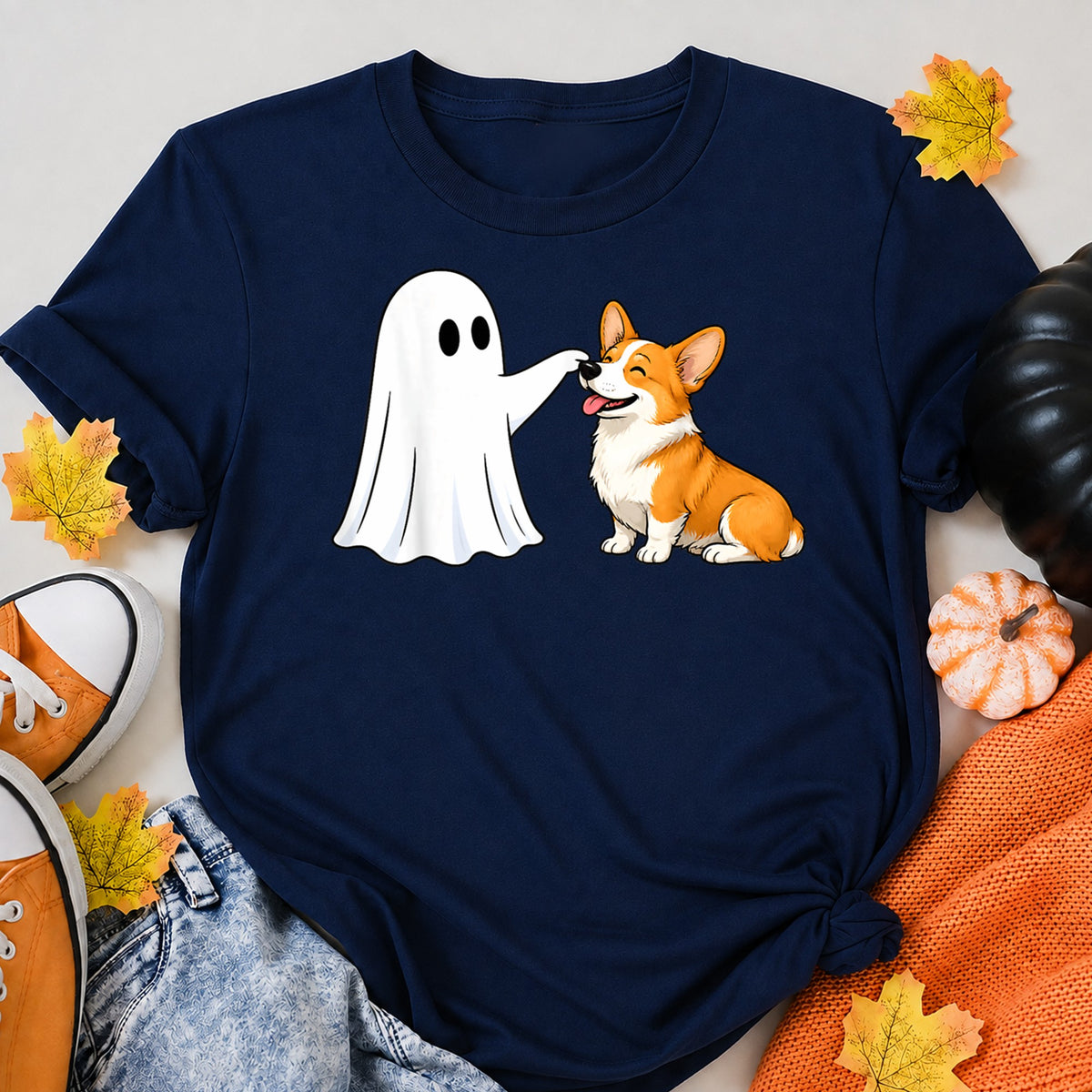 Ghost Booping Cute Corgi Halloween Shirt in Navy – alternate view