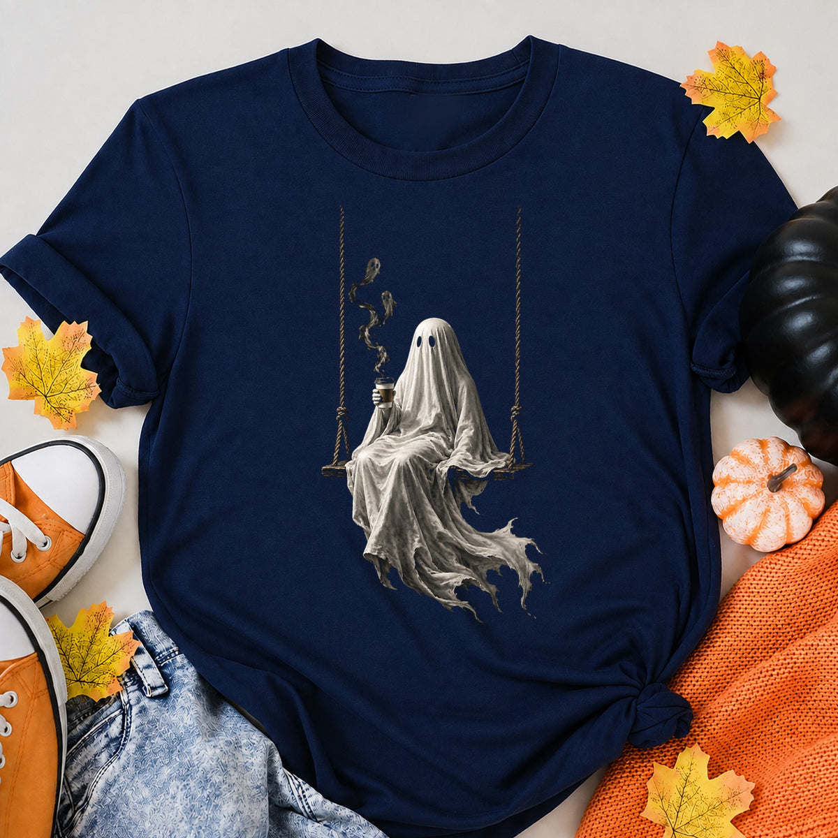 Ghost On A Swing Drinking Coffee Spooky Coffee Lover Halloween Shirt in Navy – alternate view