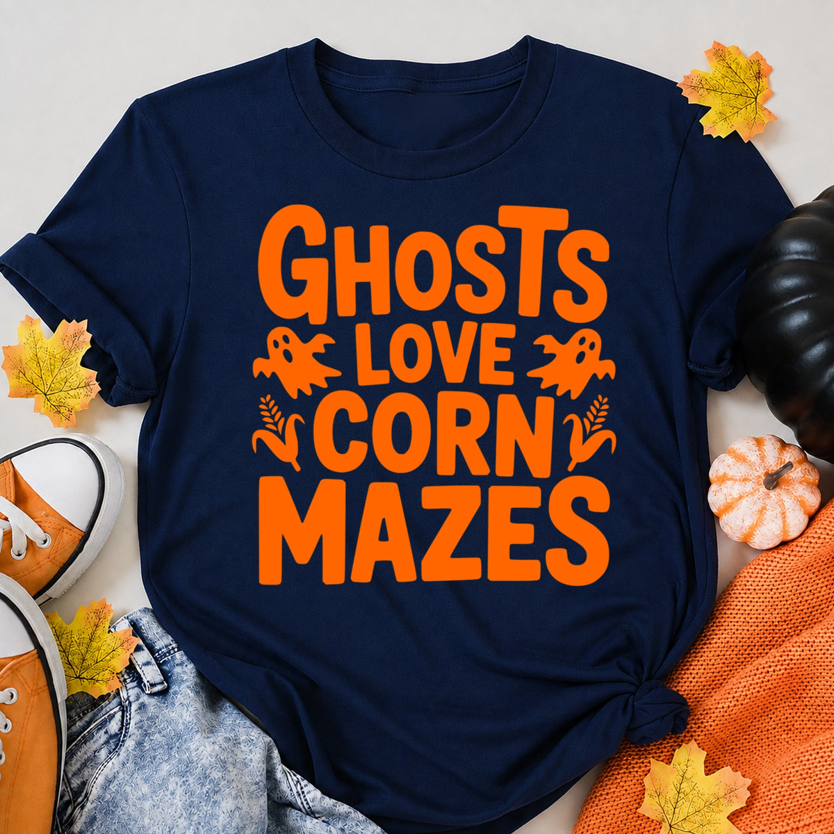 Ghosts Love Corn Mazes Halloween Shirt in Navy – alternate view