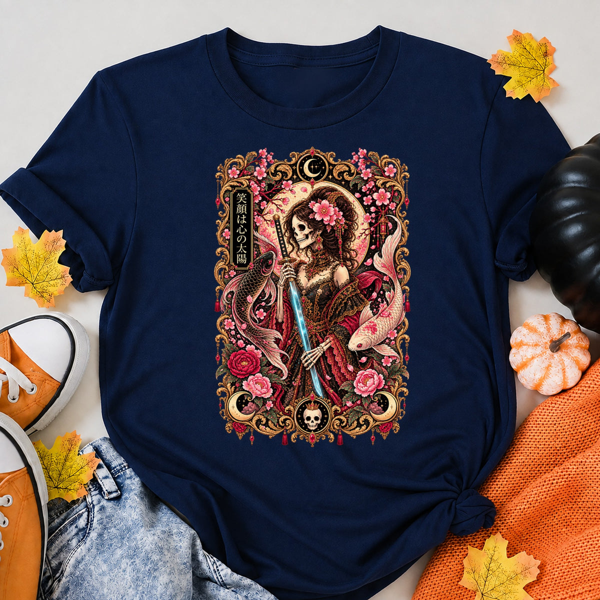 Gothic Sakura Skeleton Samurai Halloween Shirt in Navy – alternate view