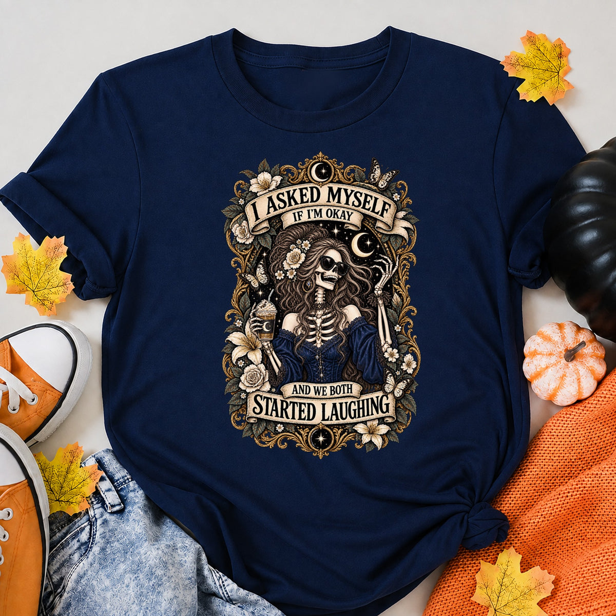 Gothic Skeleton Girl Laughing Halloween Shirt in Navy – alternate view