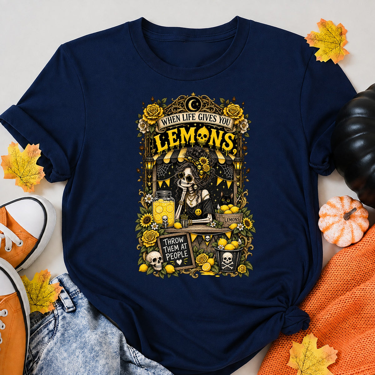Gothic Skeleton Lemon Witch Halloween Shirt in Navy – alternate view